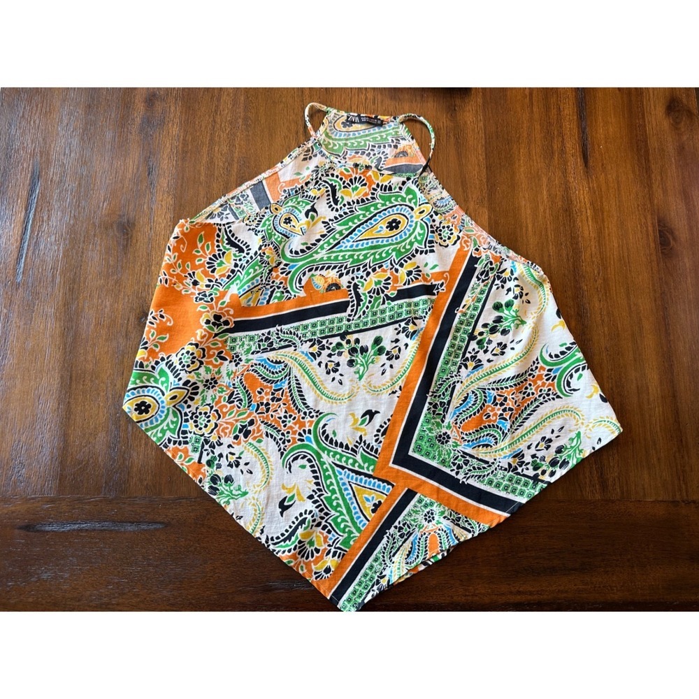 Zara Womens Halter Neck Paisley Scarf Print Handkerchief Hem Top Orange Green M